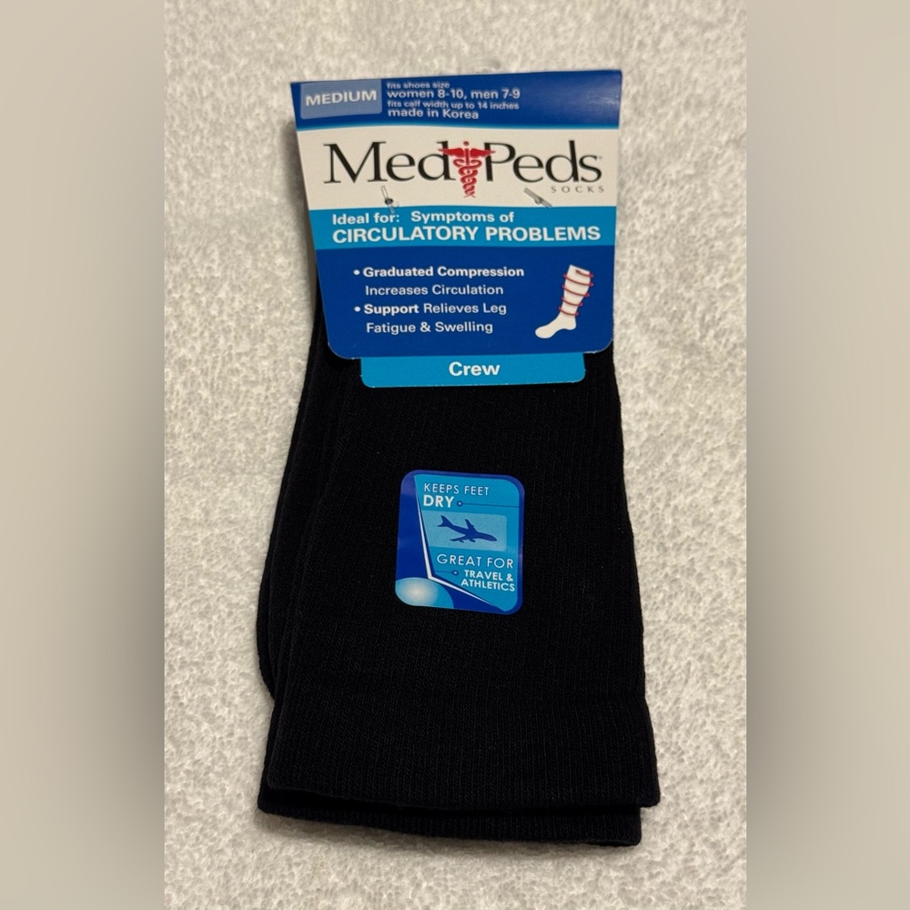 MediPeds Black Compression Crew Socks Unisex Size Medium Fits Calf Up to 14”